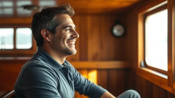 Traumberuf Muschelfischer smiling man on boat interior.