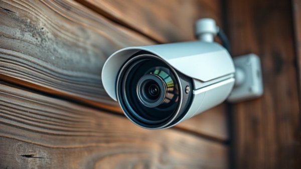 Close-up security camera on wooden wall, surveillance focus.