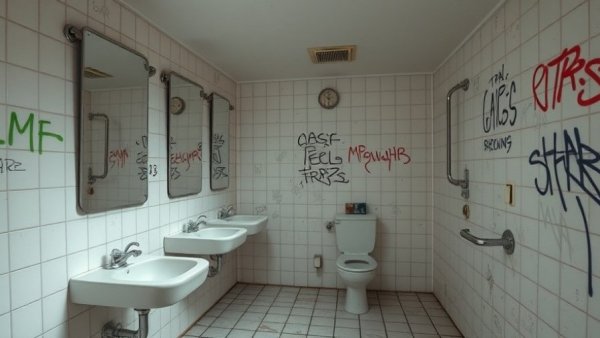 School restroom condition in Germany, featuring graffiti and basic facilities.