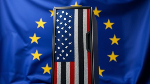 Digital sovereignty concept with server against EU flag backdrop.