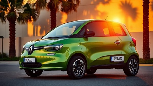 Renault Twingo E-Tech Elektrisch in a vibrant shade parked in sunlit urban setting.