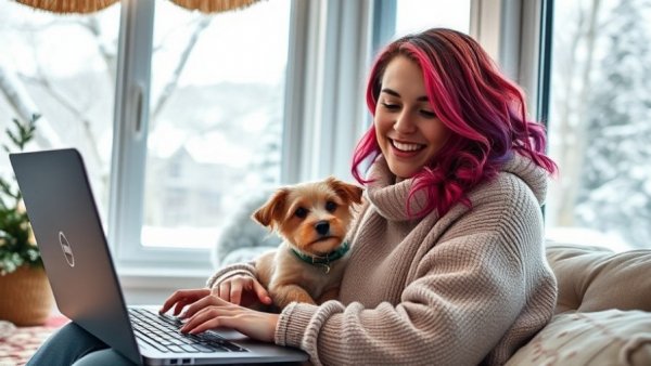 Young woman video calling on Dell 16 Plus laptop in snowy setting.