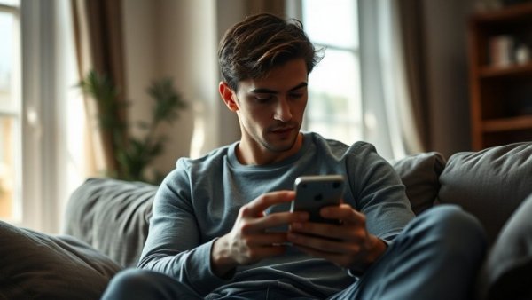 Jugendliche Abhängigkeit von KI: Teen boy absorbed in smartphone.