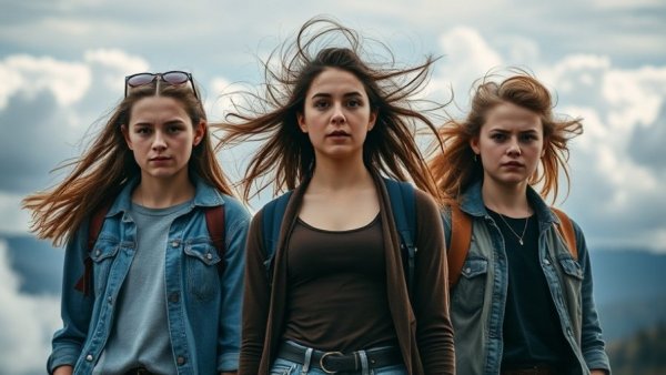 Young trio with determined expressions under a dramatic sky.