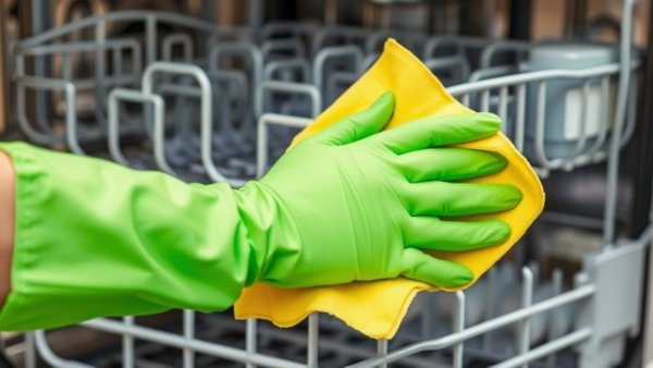 Gloved hand cleaning dishwasher with yellow cloth, Hausmittel reinigen Spülmaschine.