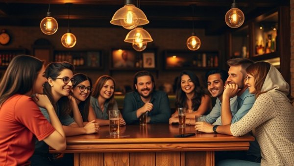 Group socializing at Landgasthöfe Herzogtum Lauenburg bar.
