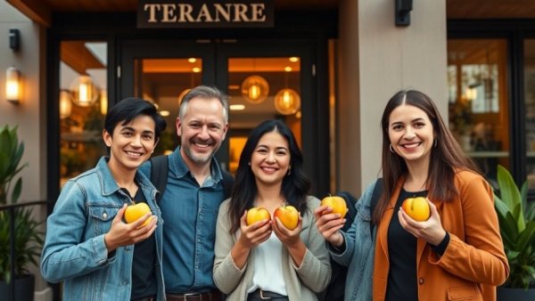 Group outside Sibirien in Elmshorn restaurant holding apples.
