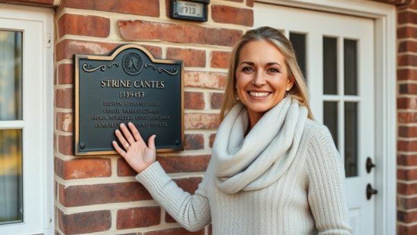 Woman at Emmelsbüll historic home plaque for Rettung historische Reetdachkate.