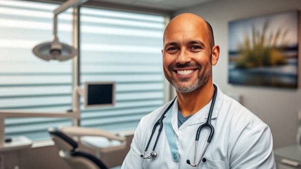 Friendly bald dentist in a modern office, smiling warmly.