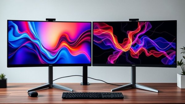 Dual OLED monitors in a modern workspace, showcasing vibrant displays.