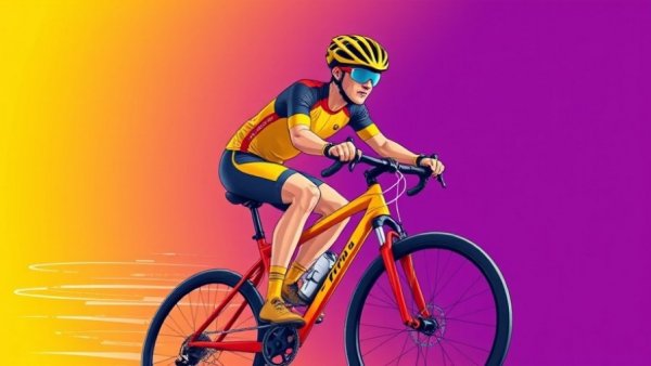 Cartoon cyclist with bicycle lights on vibrant purple background.