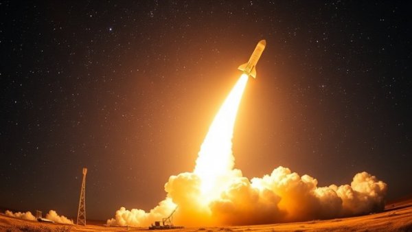 Beeindruckender Raketenstart bei Nacht im Sternenhimmel.