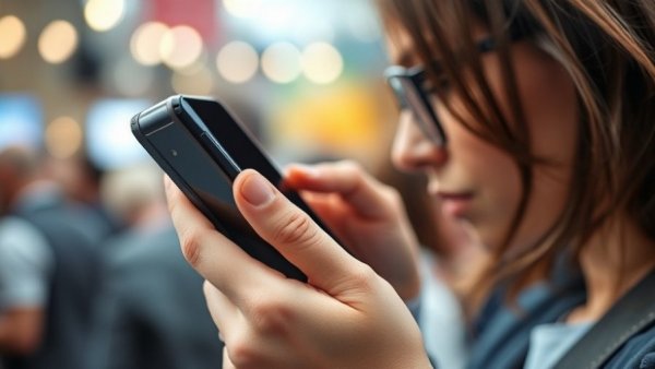 Samsung user examining smartphone, highlighting technology and design.