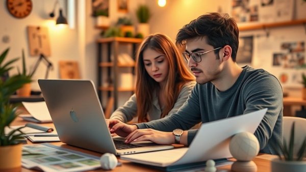 Focused duo collaborating on a MacBook Pro mit OLED-Display in warm office.