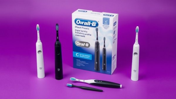 Oral-B iO Series 5 electric toothbrushes and package on a purple background.