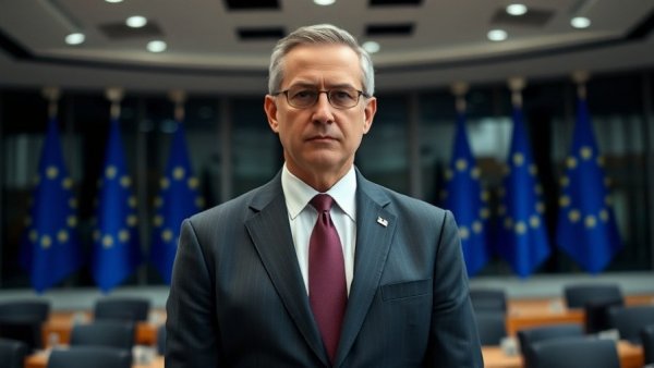 Serious man in suit with EU flags in background, EU Chatkontrolle Gesetz.