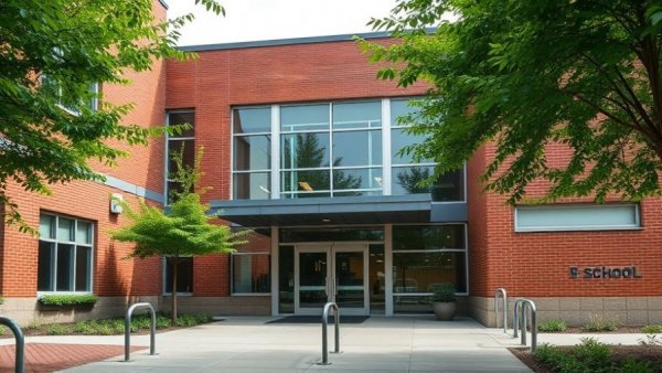 Modern school entrance emphasizing emotional education in schools, surrounded by greenery.