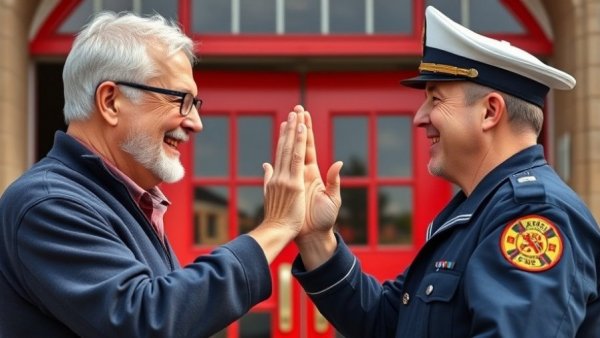 Two men exchanging high-five in front of fire station, reflecting community spirit.