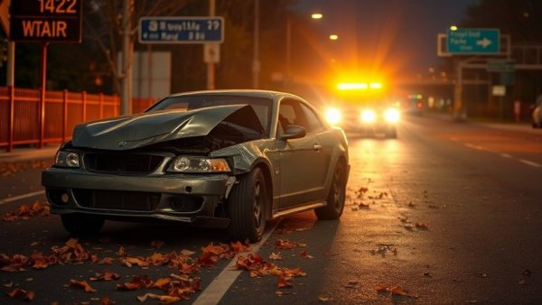 Severely damaged car at nighttime crash site with emergency lights.