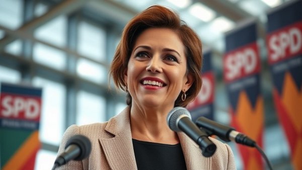 Confident woman at SPD event discussing politics, Rücktritt SPD-Landeschefin.