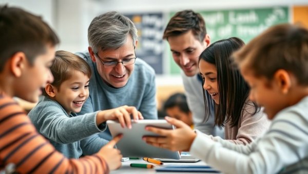 Students and teachers using a tablet in a classroom discussing KI Chatbot Telli.