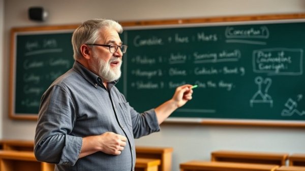 Professor explaining concepts with diagrams on chalkboard, Metamaterialien in der drahtlosen Kommunikation.