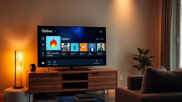 Qobuz Android-TV-App für Hi-Res-Streaming displayed on a TV in a cozy living room.
