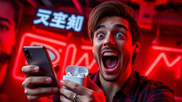 iPhone 17 Pro Vodafone Rabatt ad with AirPods 4 and vibrant background.