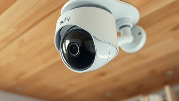 Eufy PoE Turret Sicherheitskamera an Holzdecke montiert.