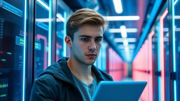 Michael Burry KI-Blase: man in server room with glowing data lines.