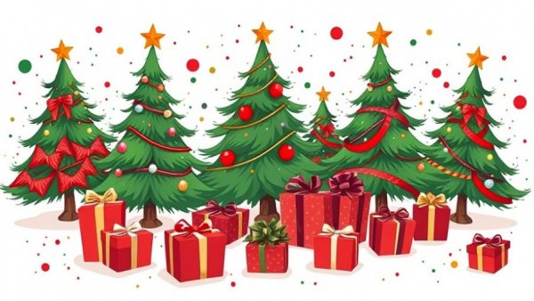Illustration of red and green Christmas trees and gifts, representing Weihnachtsumsätze 2025.