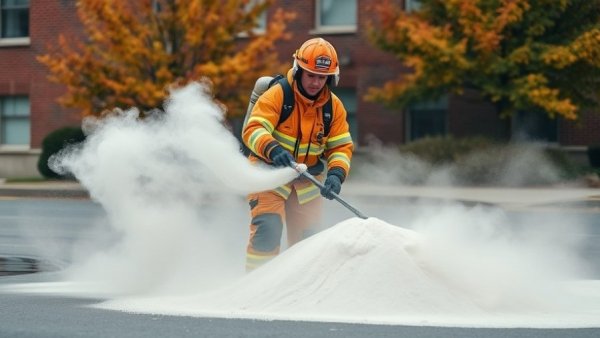 Firefighter handles diesel spill on road during environmental incident in Siek.