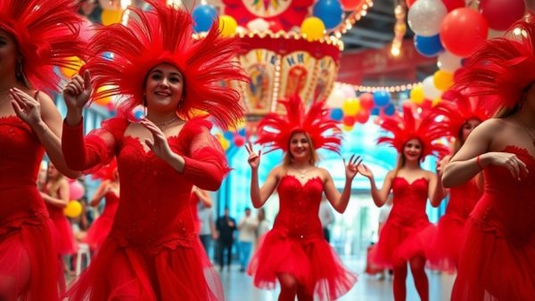 Karneval im Norden performers in vibrant costumes dancing energetically.