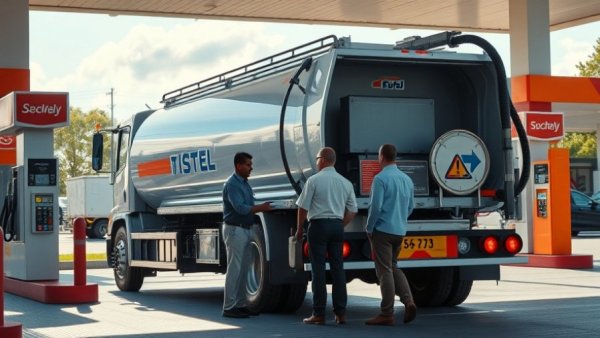 Fuel truck at station, workers discussing CO₂-Preis impact.