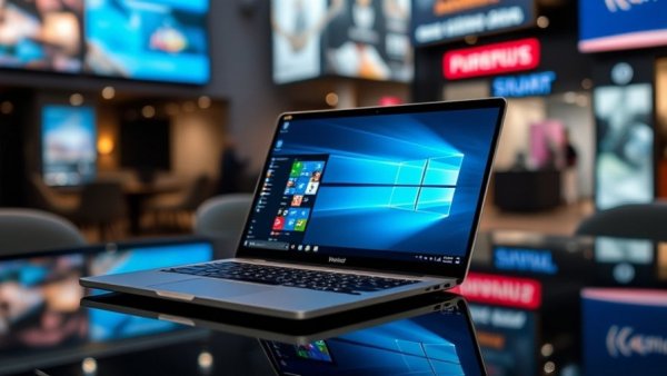 Modern laptop with Windows 10 in promotional setting for security updates.