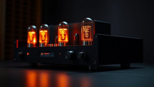 Sleek black Advance Paris Apex amplifier with glowing tubes.