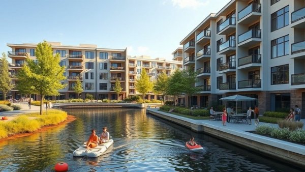 Modern apartments in Hamburg with greenery and river.