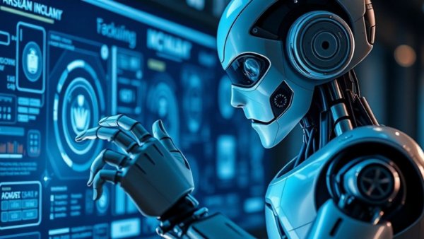 Futuristic humanoid robot interacting with digital interface