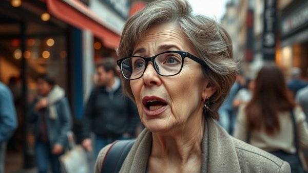 Middle-aged woman speaking on a busy street, photorealistic.