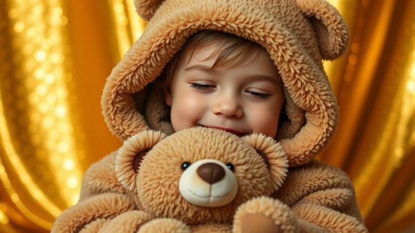Cozy young person in teddy bear outfit with plush toy in golden setting, Boss x Steiff Kollektion.