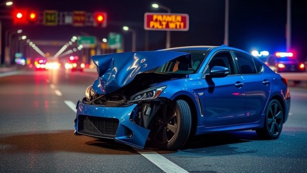 Unfall auf A1: Damaged car under emergency lights at night