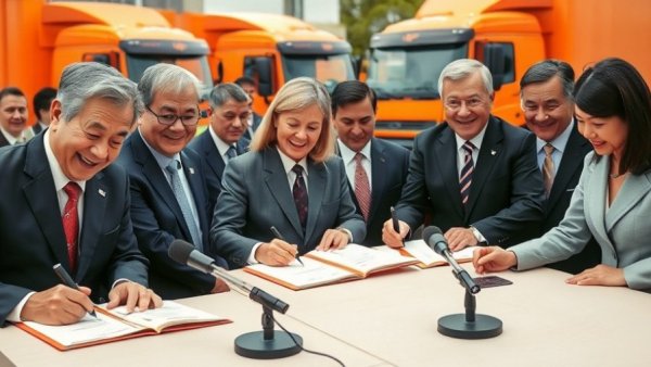 Officials sign documents for A20 Ausbau Bad Segeberg with trucks in background.