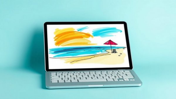 Huawei PaperMatte-OLED-Panel showcasing a vibrant beach sketch on a modern white tablet with keyboard.