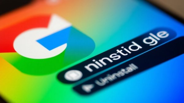 Smartphone shows Google app uninstall option, Google logo behind.