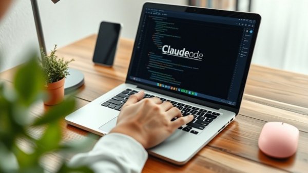 Person typing on laptop with 'Claude Code' display in modern workspace.