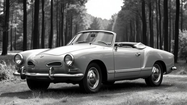 Zeitloser schwarzer Karmann-Ghia in einer Naturlandschaft, Karmann-Autos Geschichte.