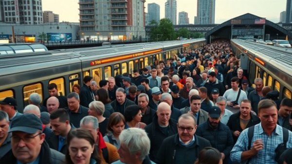 Bahnverkehr Eutin Hamburg station with evening crowd.