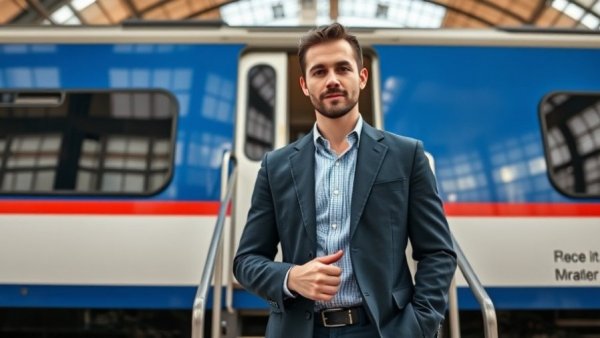 Zugchaos Sylt: Man in suit at train station with blue train