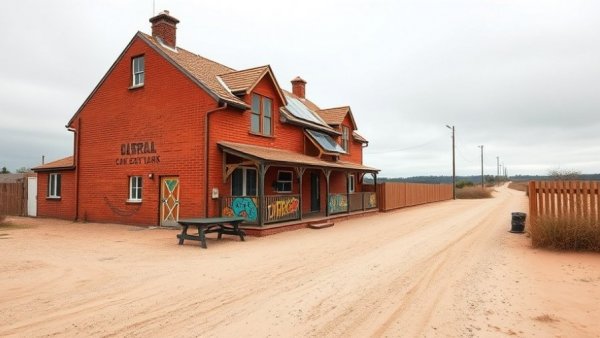 Red-brick building with solar panels near sandy path in Fehmarn, youth center for sale.