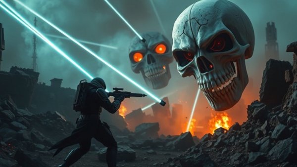 Terminator 2D: No Fate battle scene with armored figure and robotic skull